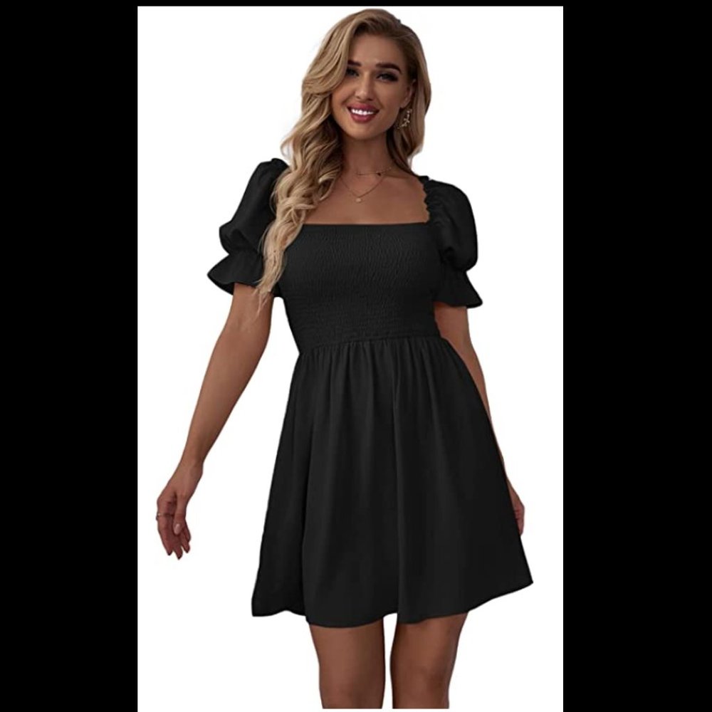 NEW, Never worn, Square Neck Flounce Short Sleeve Shirred Ruffle Hem Dress